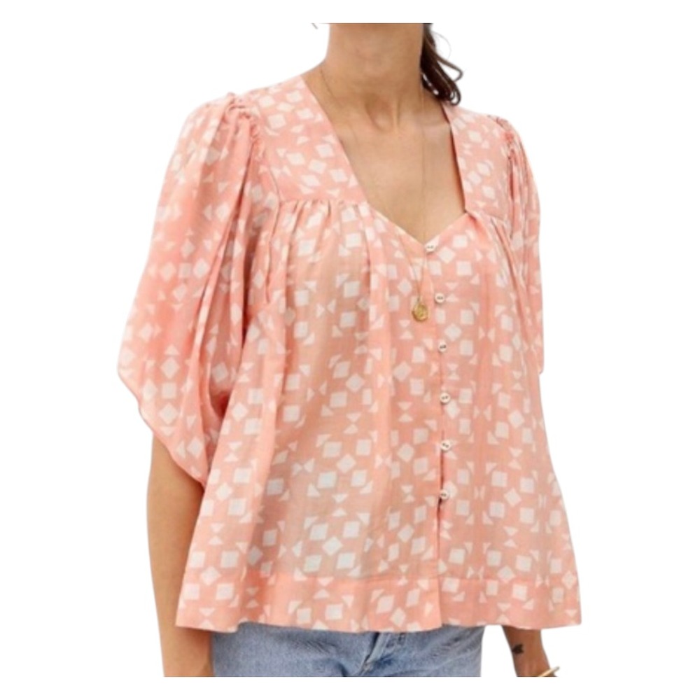MIRTH Coba Blouse Top ORANGE/PEACH-WHITE GEO PRINT Cotton Breezy Boho Oversize M
